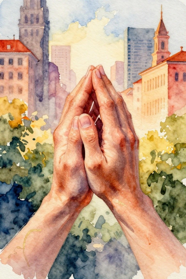 Clasped hands before a watercolor cityscape of towers, buildings, and green trees