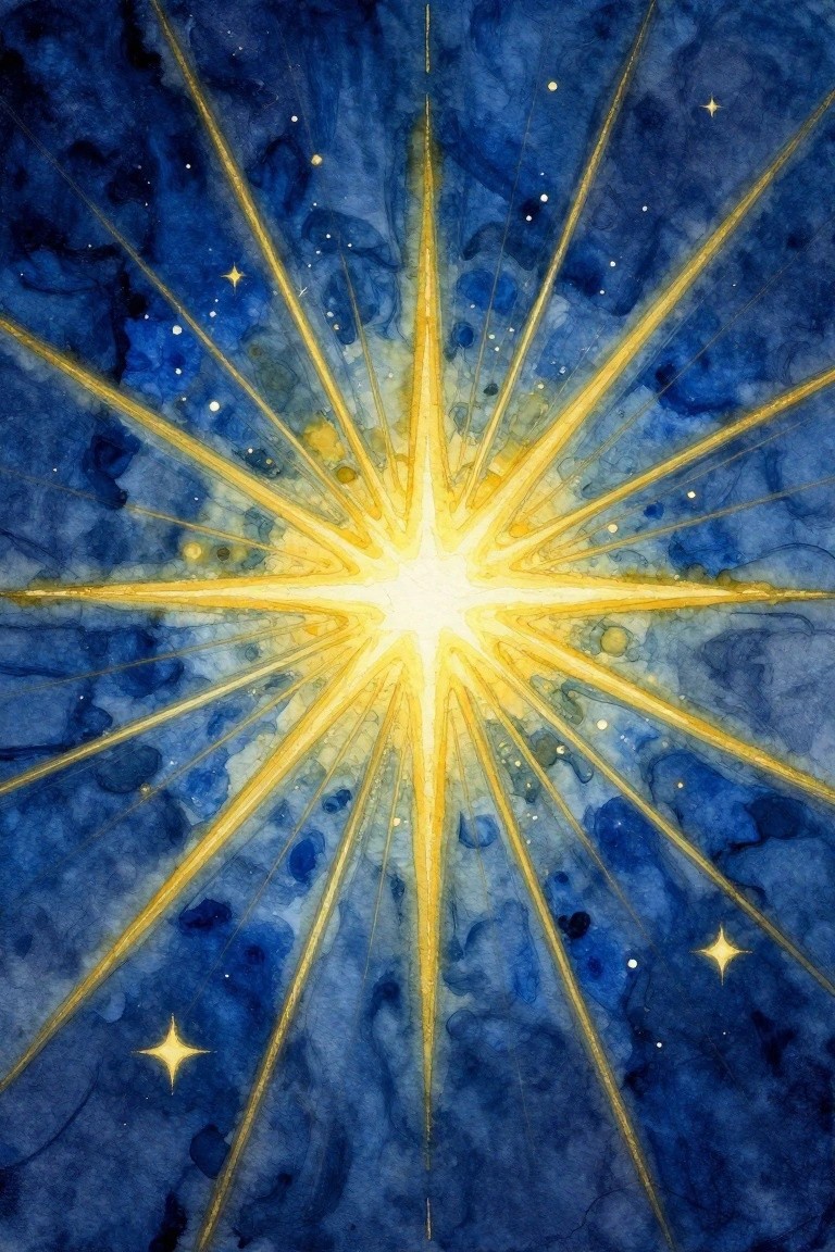 Vibrant golden starburst radiating rays across dark blue watercolor night sky with stars