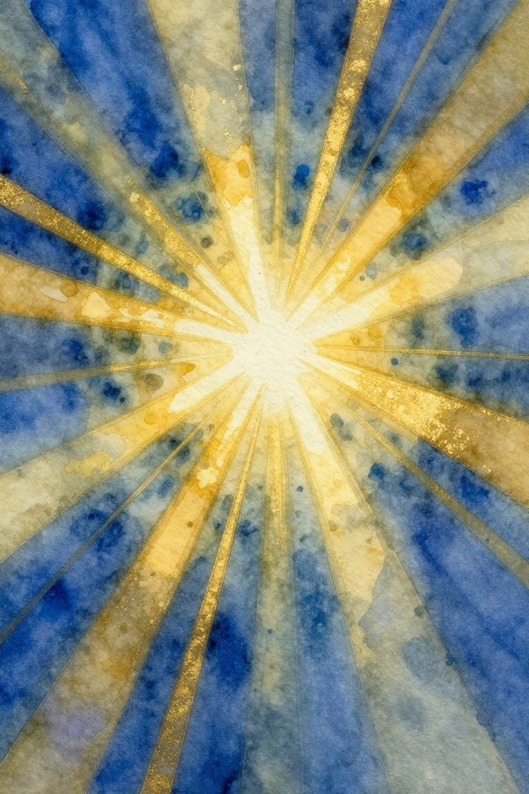 Radiating blue and gold watercolor rays burst from a bright center