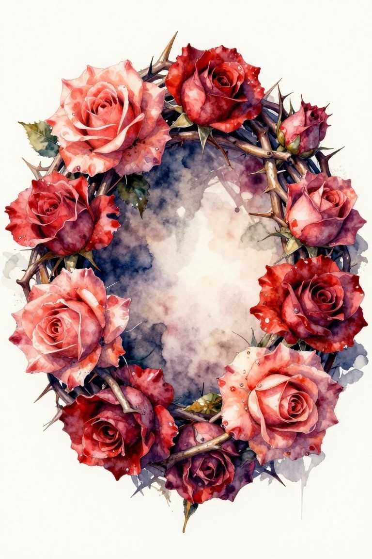 A circular wreath of red and pink roses intertwined with thorny branches on a soft watercolor background.