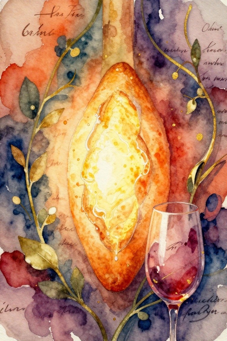 Watercolor of cheese-filled golden bread beside red wine glass with gold vines.