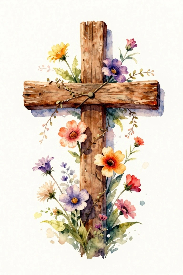 A watercolor painting of a wooden cross with colorful flowers and green vines wrapped around it against a white background.
