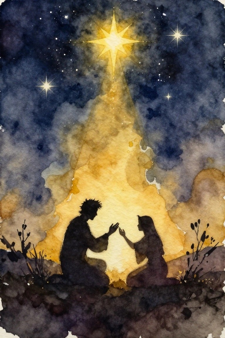 Watercolor of silhouetted couple kneeling under radiant star with golden light beam