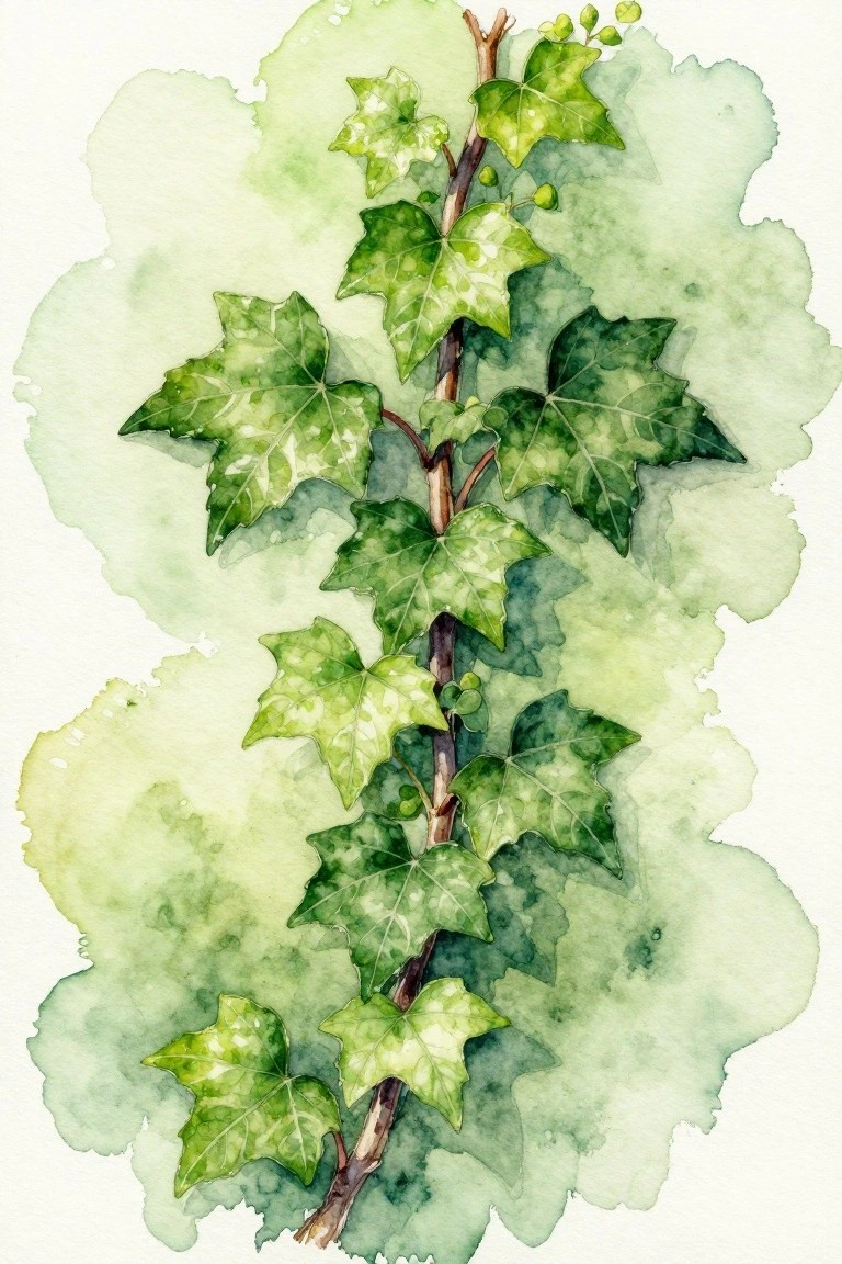 A watercolor painting of an ivy vine with multiple green leaves on a central stem against a soft green background.