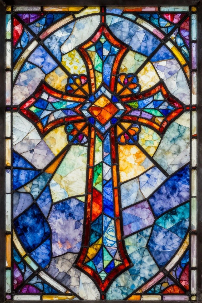 Vibrant stained glass window centered on an ornate colorful cross