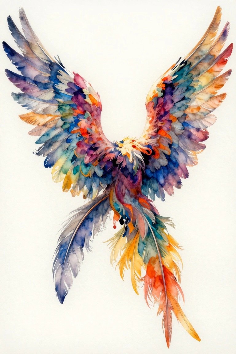 Vibrant watercolor bird with spread rainbow wings and flowing tail feathers