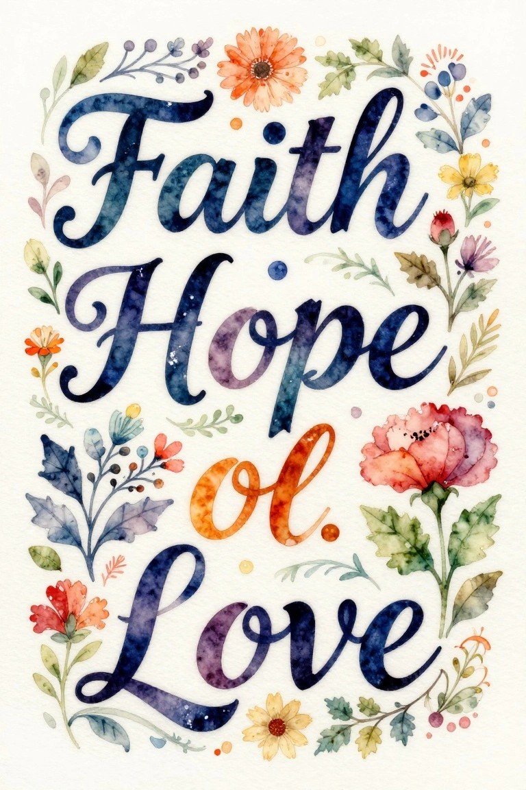 Watercolor lettering of Faith Hope Love amid colorful flowers and green leaves