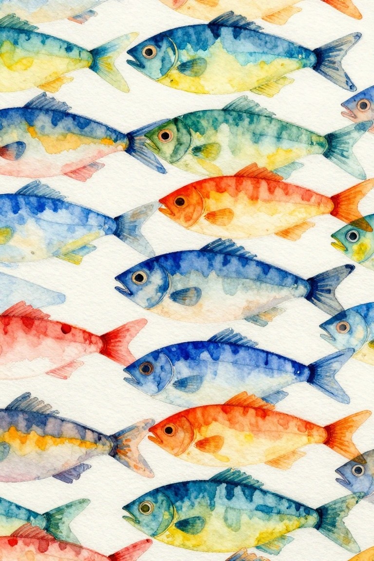 Watercolor painting of colorful fish swimming in various directions on white background