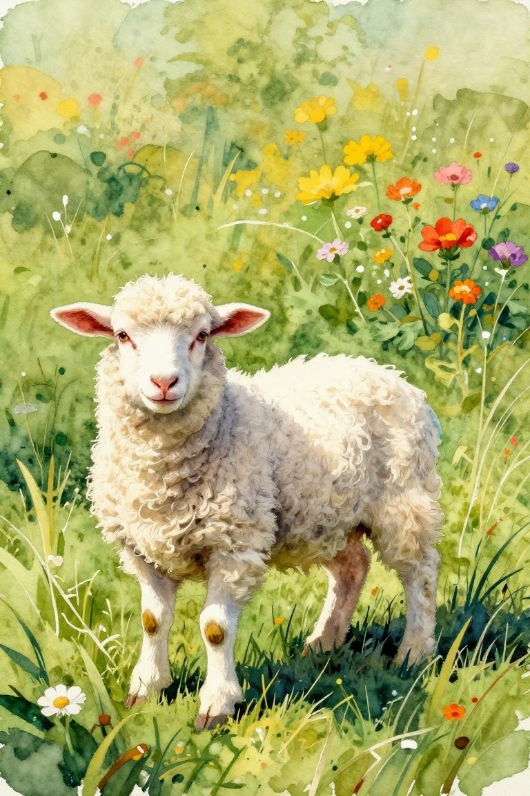 Fluffy white lamb standing in a lush meadow of colorful wildflowers