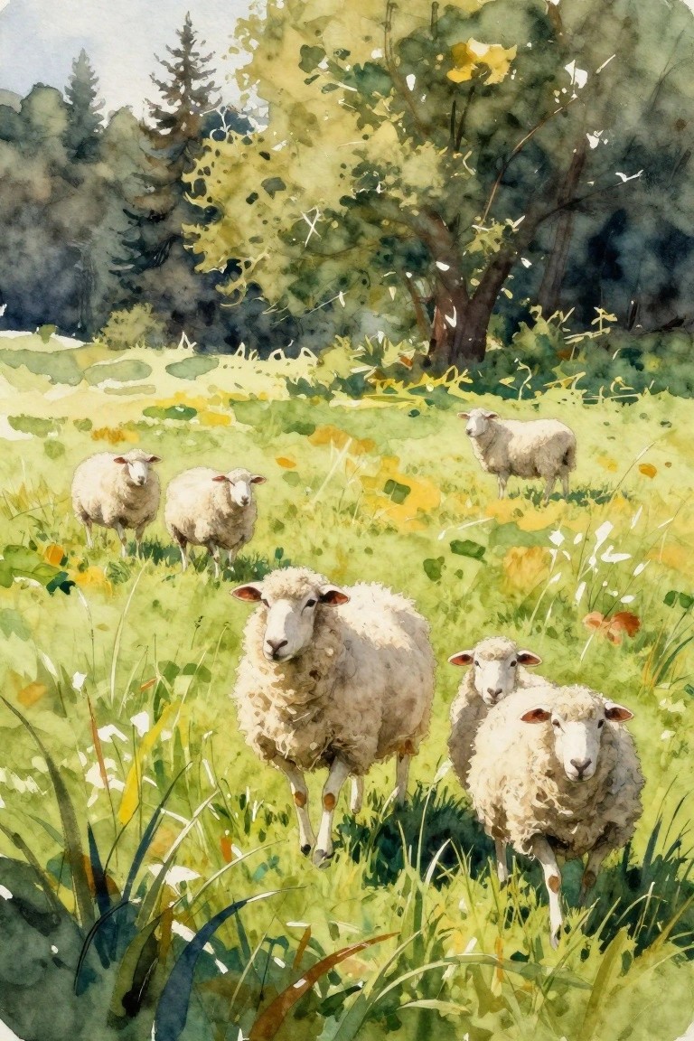 A watercolor painting of several white sheep in a green meadow with trees and grass in the background.