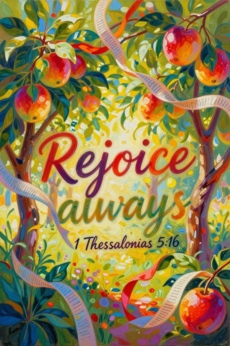 A colorful painting shows apple trees with red and orange fruit, green leaves, and the words