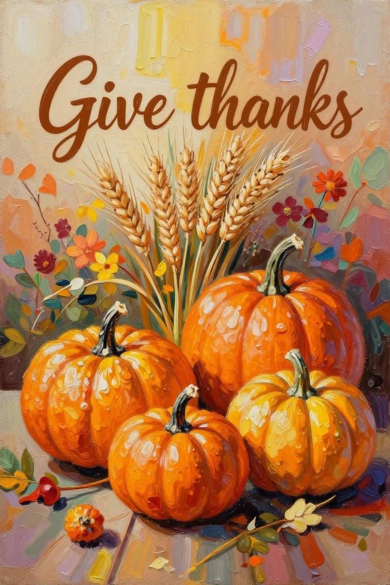 Autumn still life of orange pumpkins, wheat, flowers with