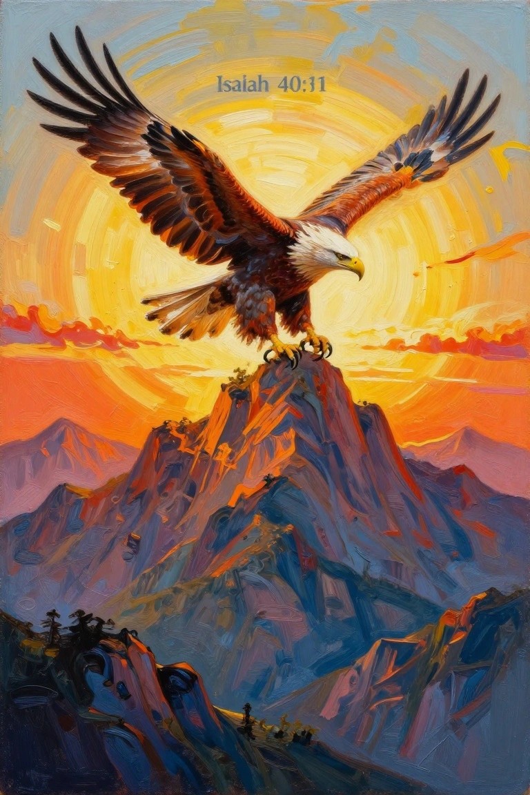 Bald eagle with spread wings on rocky peak against vibrant orange-yellow sunset, Isaiah 40:31