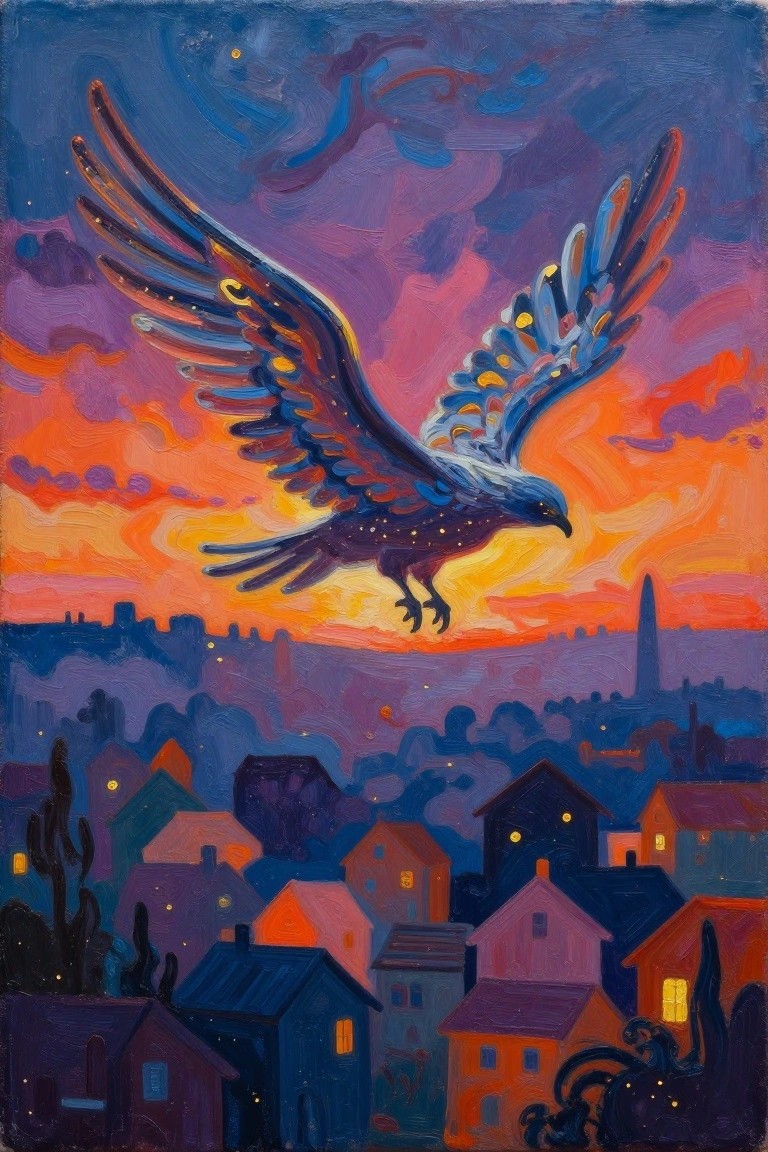 Starry-winged eagle soaring over glowing houses beneath a vibrant sunset sky