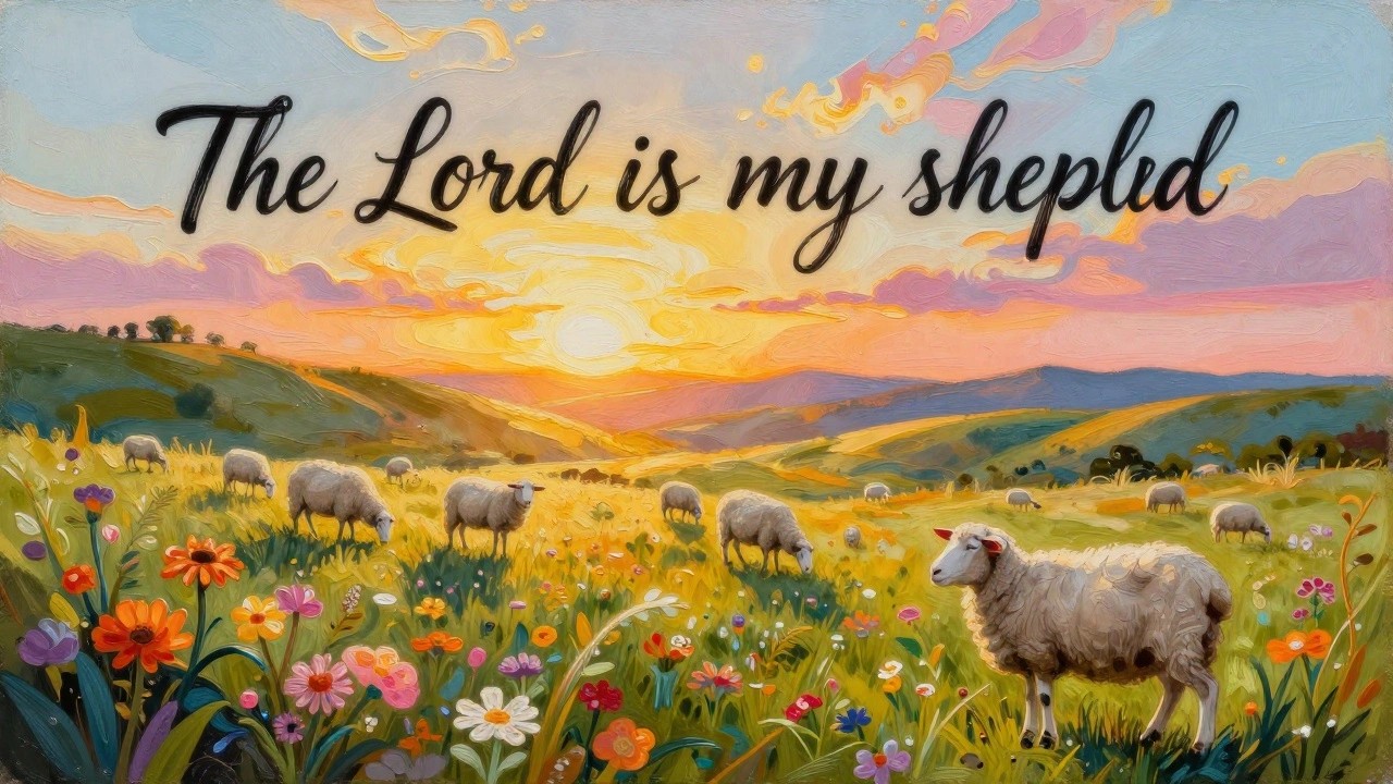 A canvas painting showing white sheep in a green meadow with colorful flowers, rolling hills, a sunset sky, and the text "The Lord is my shopheld" across the upper half.