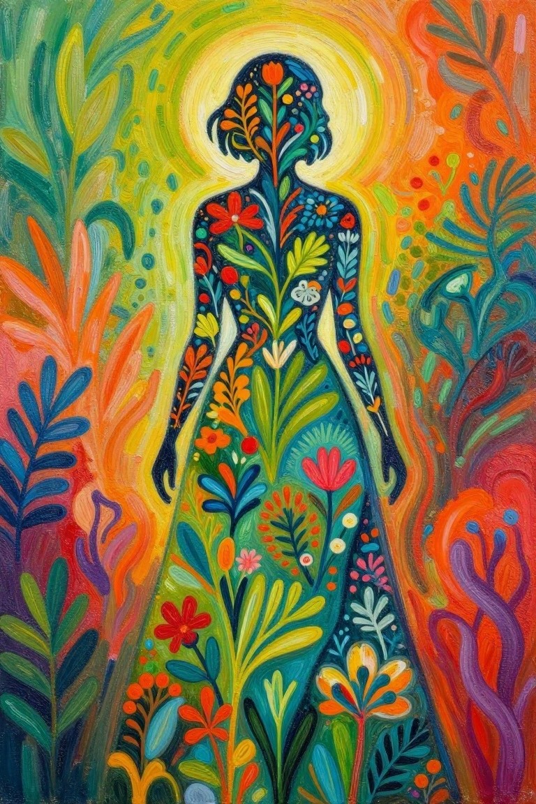 Vibrant floral silhouette of a woman with glowing halo amid colorful foliage