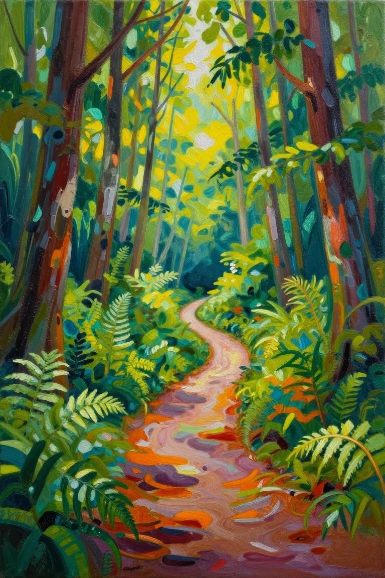Vibrant painting of winding path through sunlit colorful forest with tall trees and ferns.