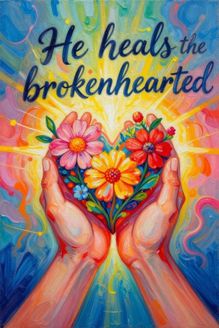 Hands cradling vibrant heart-shaped flowers beneath