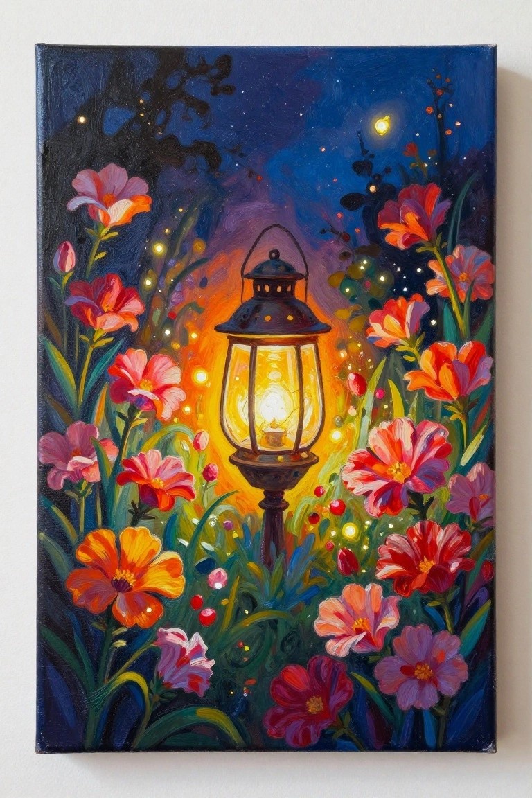 Glowing lantern amid vibrant flowers in a starry night garden painting.
