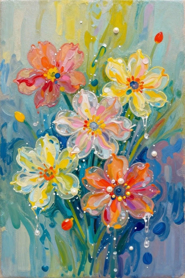 Vibrant colorful flowers with pearls and dew drops on blue background