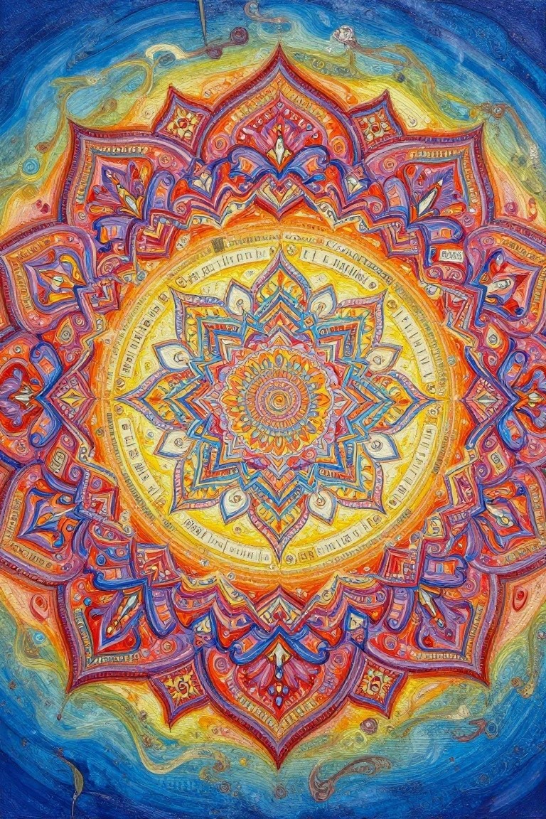 Vibrant symmetrical mandala with intricate colorful layers of floral geometric patterns.