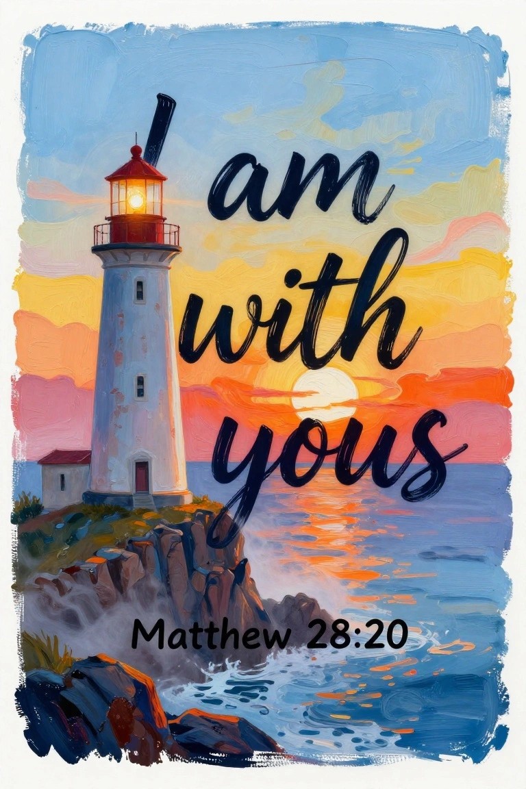 A painting of a white lighthouse on rocky cliffs at sunset with the text
