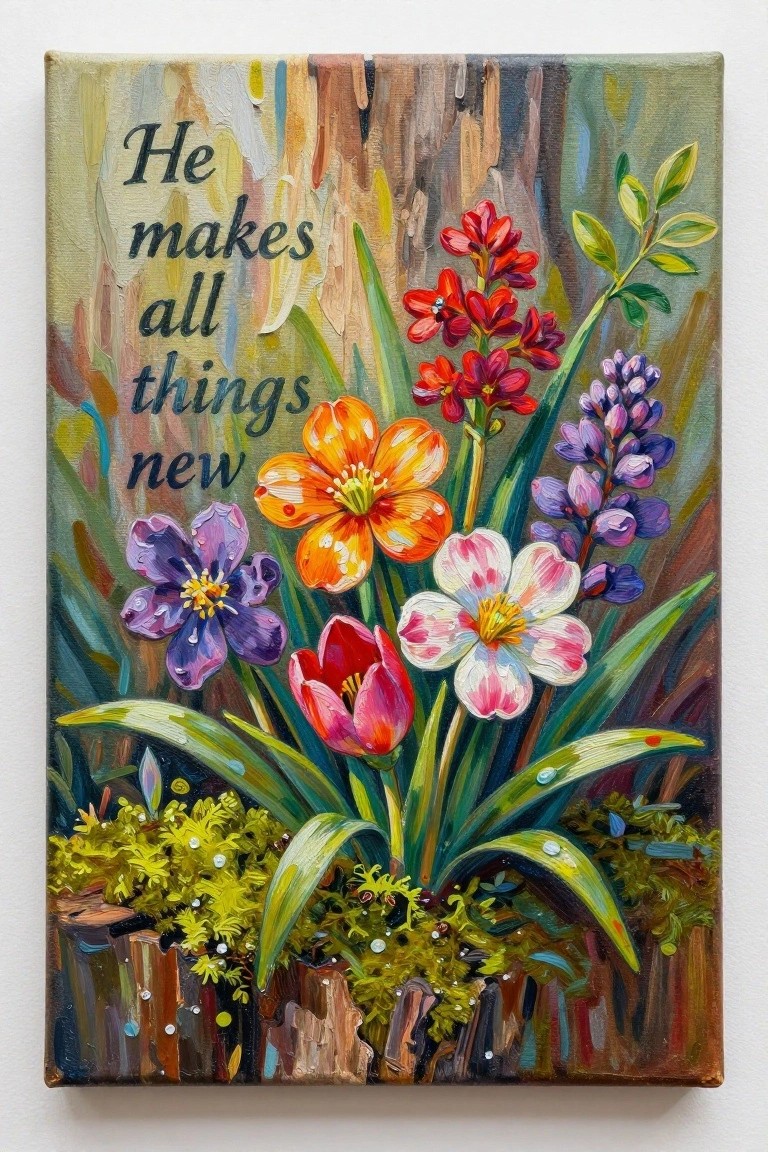 A canvas painting shows colorful flowers including an orange bloom, red clusters, purple flowers, a white and pink flower, and a red tulip, with green leaves, moss, and the text