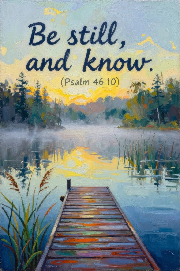 Impressionistic painting of wooden dock on misty lake at sunrise with psalm text
