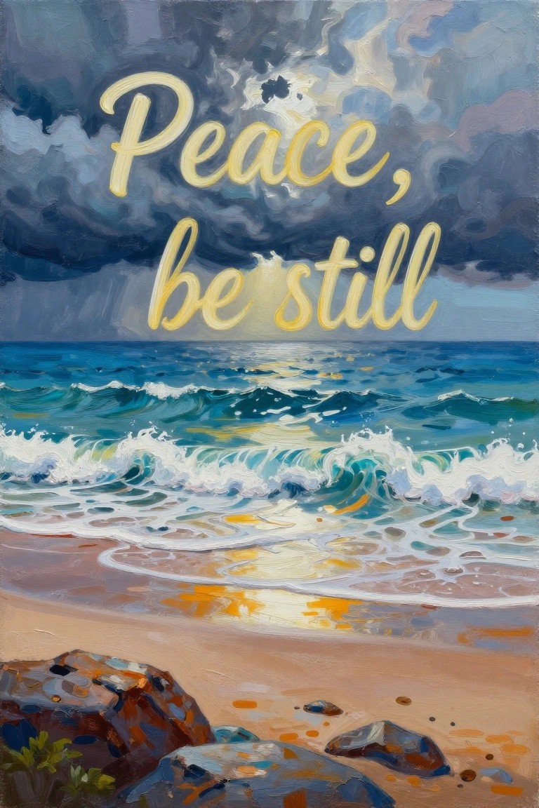 A painting of ocean waves crashing on a sandy beach with rocks in the foreground, under a stormy sky with sunlight breaking through, and the words Peace be still painted in yellow cursive script across the upper half.