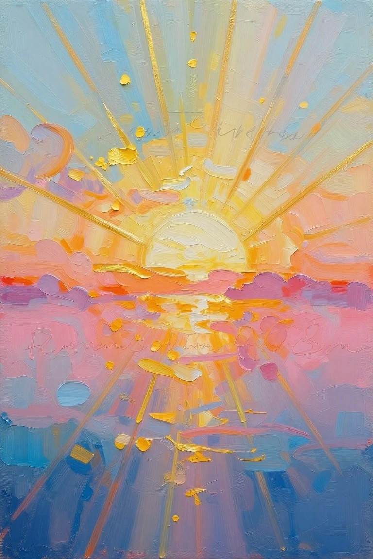 Vibrant abstract painting of sunrise with golden rays and pink clouds
