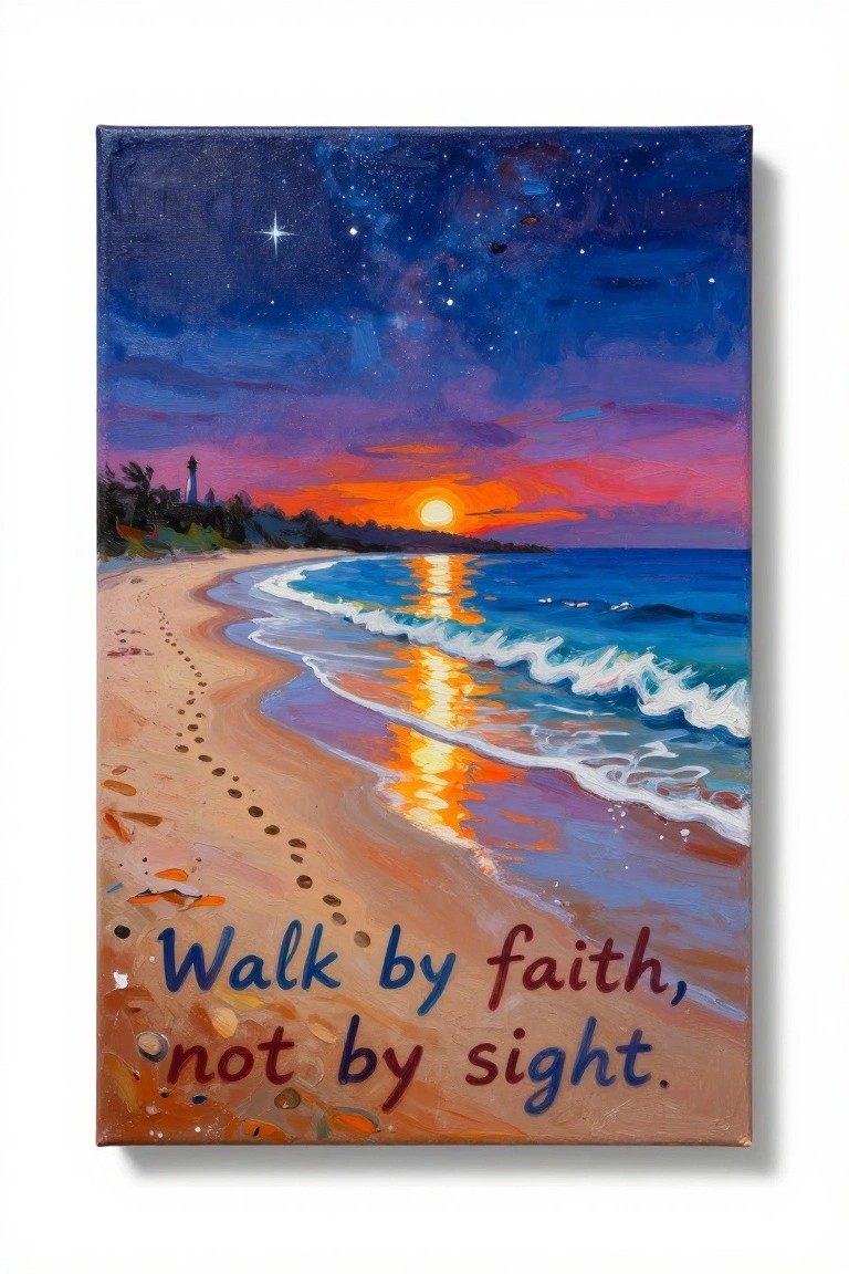 Vibrant beach sunset painting with lighthouse, footprints, waves, and faith quote in sand.