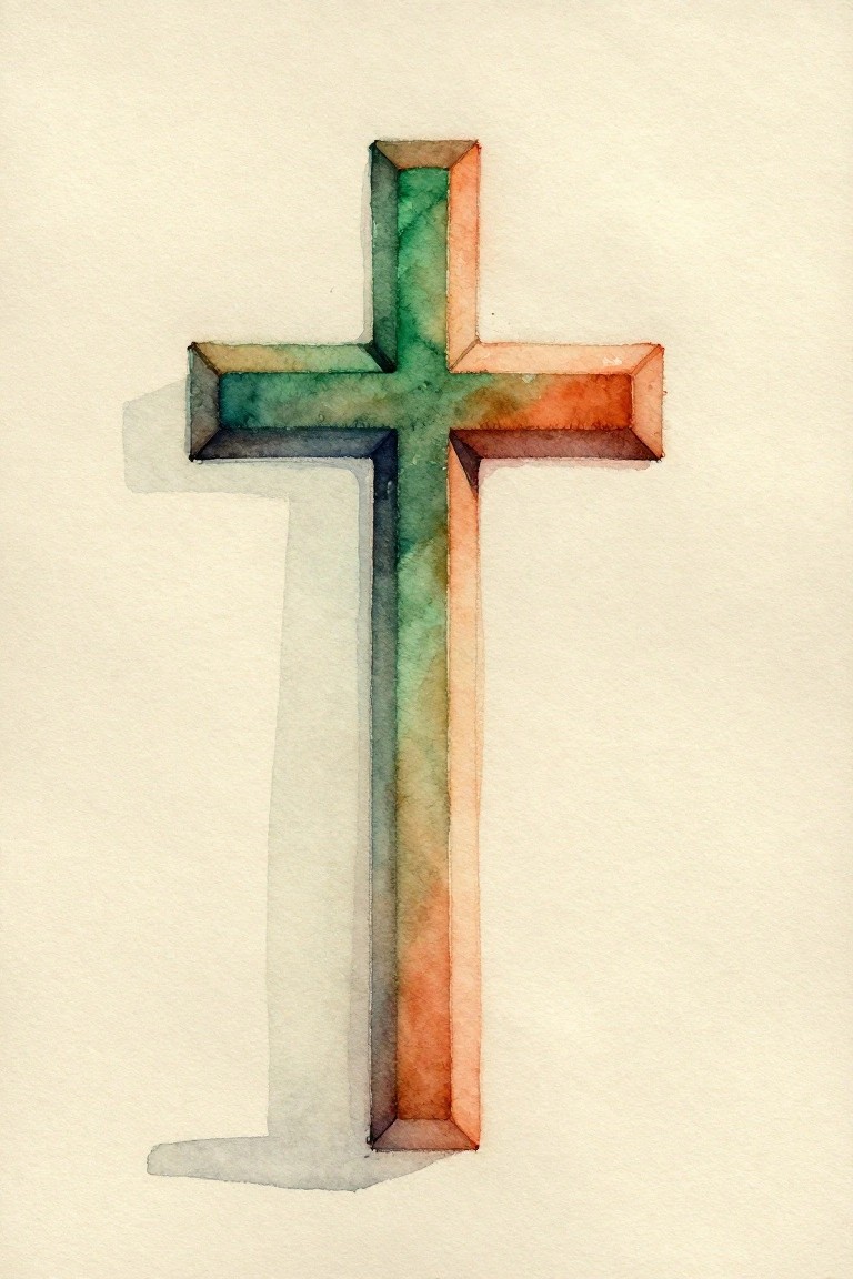 Watercolor cross with green-orange gradients and soft shadow on white paper.