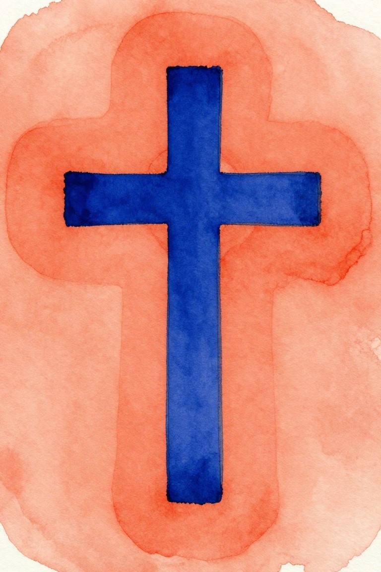Blue cross centered on irregular coral-orange watercolor background with soft edges