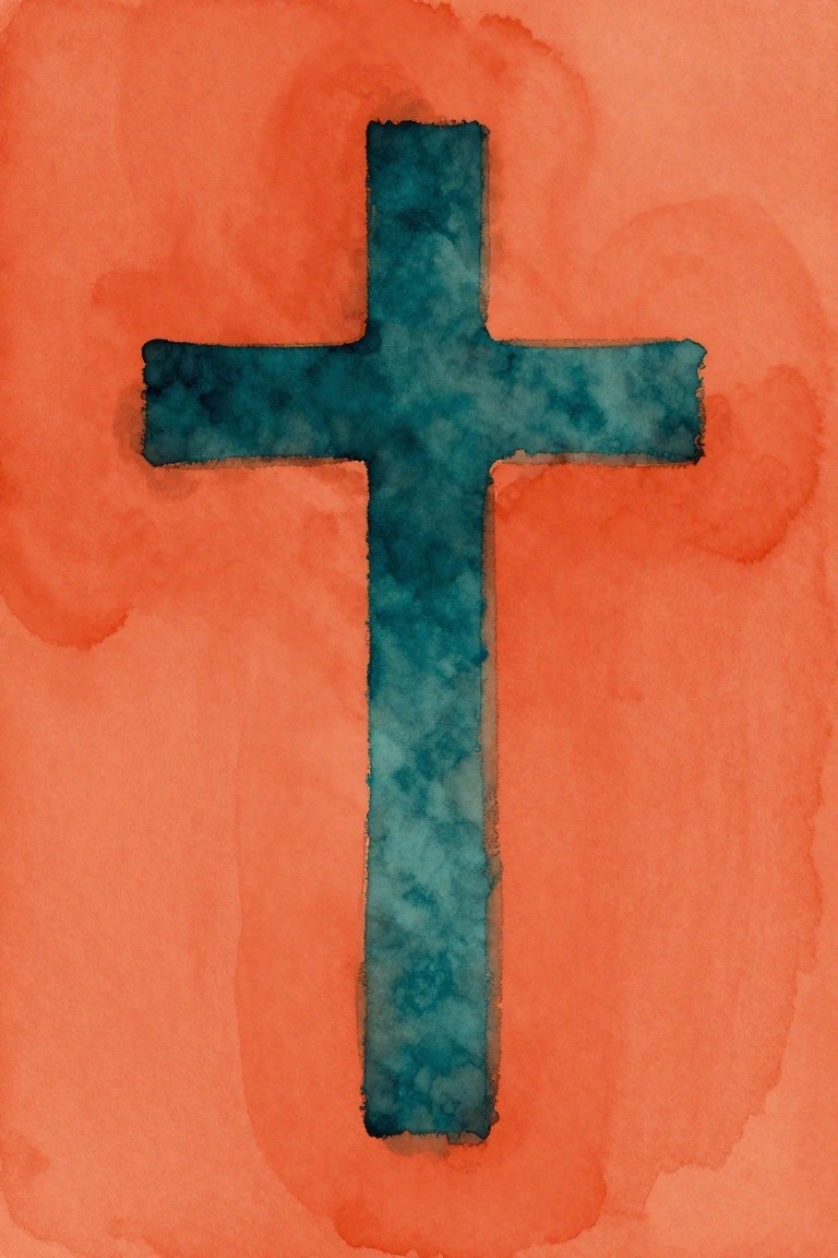 Teal watercolor cross with rough edges on coral orange background
