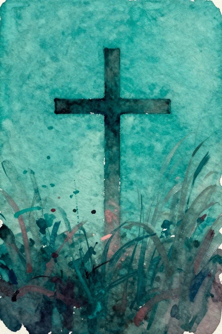 Dark cross centered on textured teal watercolor with colorful abstract foliage below.