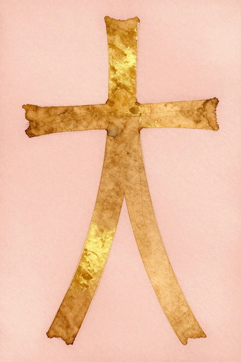 Worn gold foil cross with horizontal arms and two long descending strips on pink