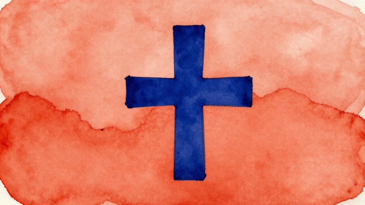Blue cross centered on irregular coral-orange watercolor background with soft edges