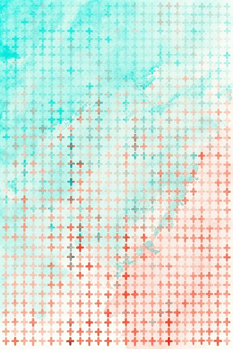 Watercolor gradient background with scattered plus signs fading from blue to coral