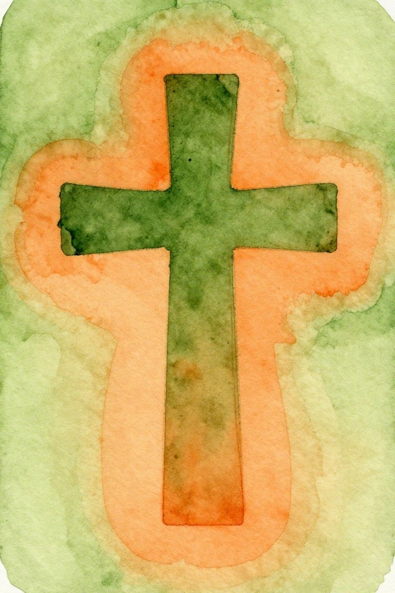A green cross with an orange border painted on a light green watercolor-style background.