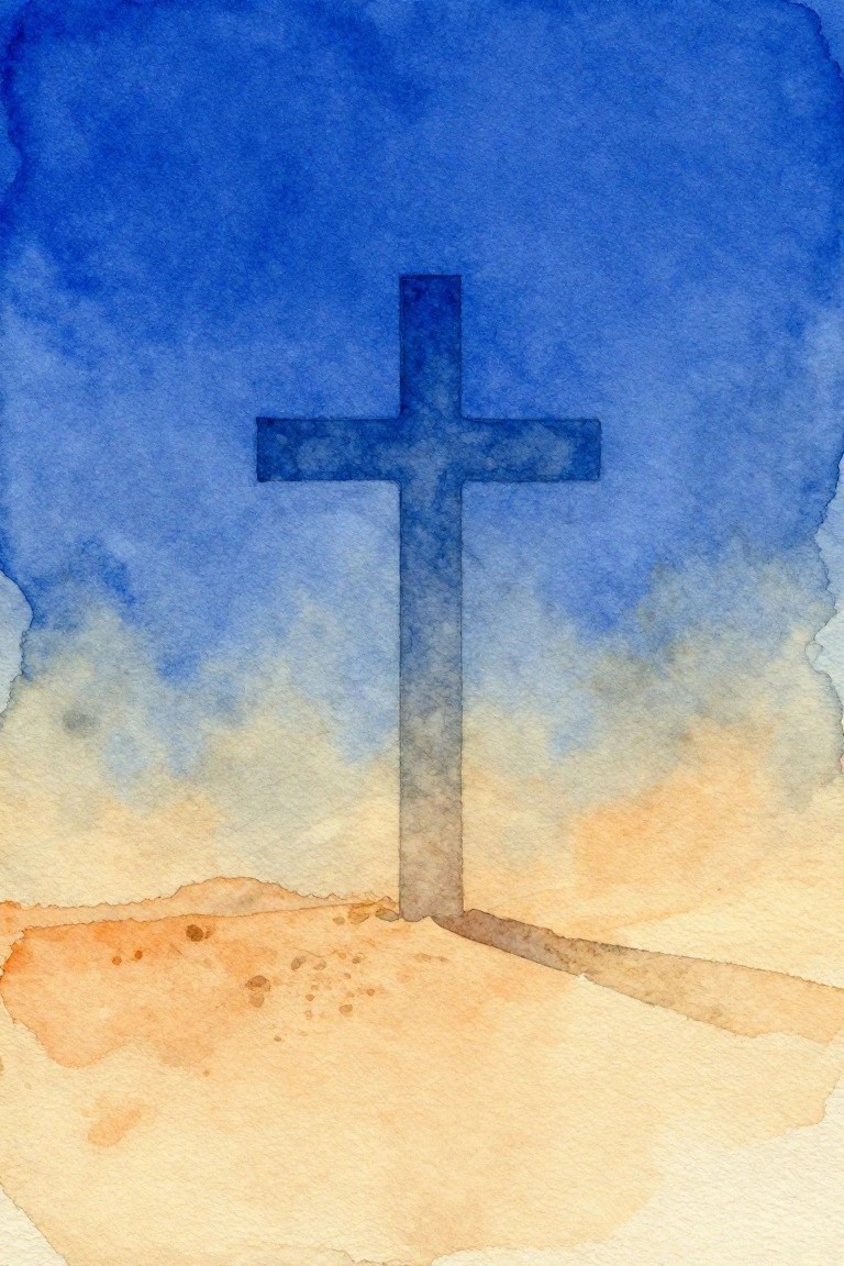 Watercolor cross on a hill under blue sky with orange-brown ground below