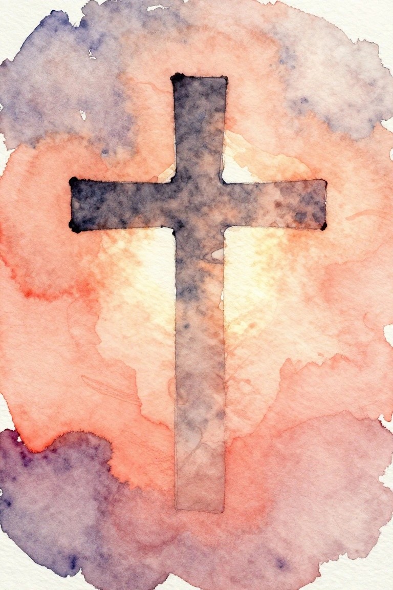 Dark cross on abstract watercolor background in soft coral and purple tones