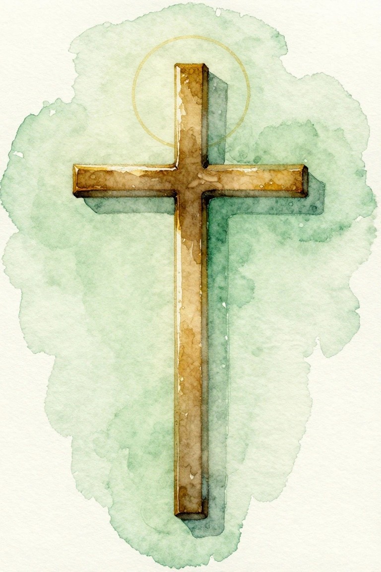 Rustic brown cross with golden halo on soft green watercolor background