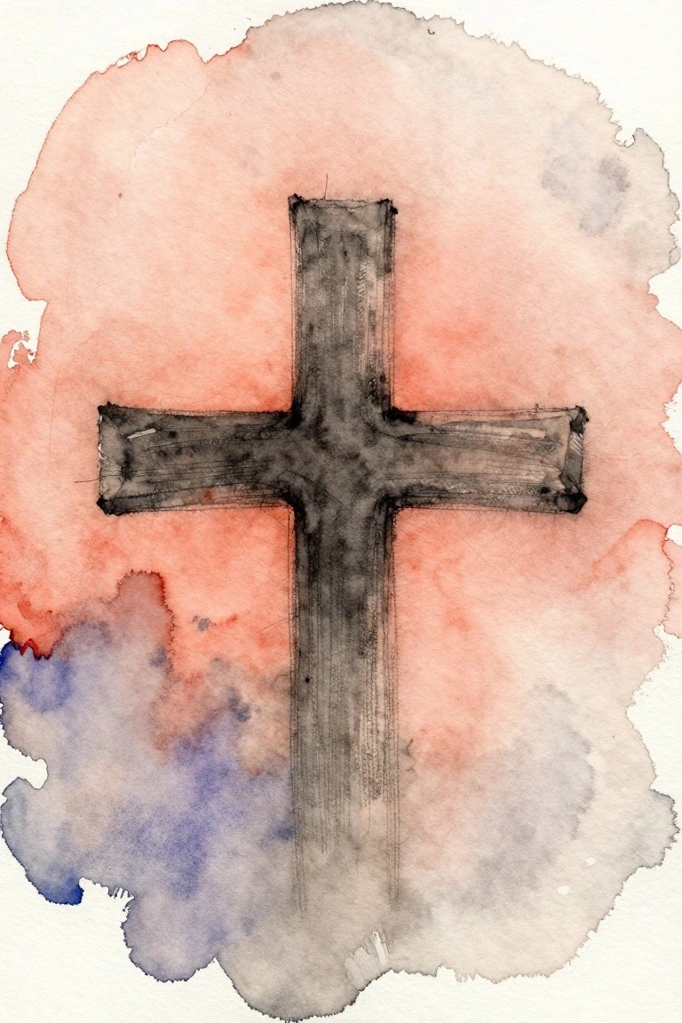 Watercolor cross in dark tones over soft pink and blue abstract wash