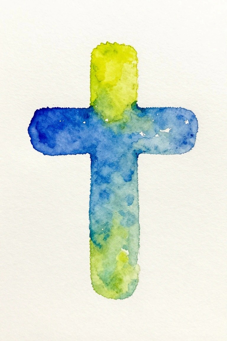 A watercolor cross with yellow at the top blending into blue and green tones on white paper.