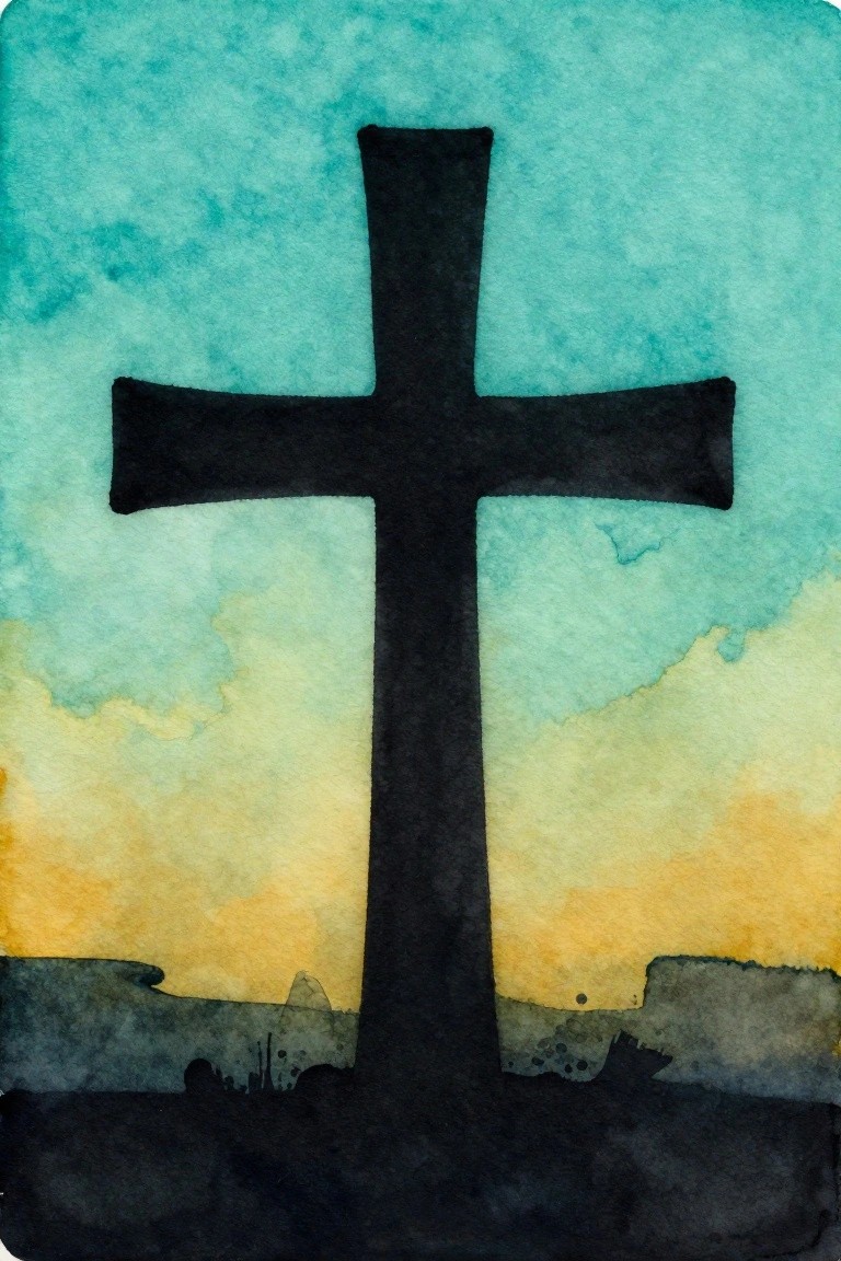 Black cross centered on watercolor teal sky with orange horizon landscape