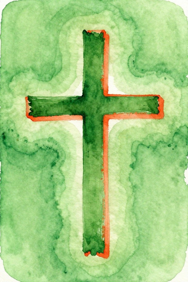 Green cross with red outline in watercolor style on green background
