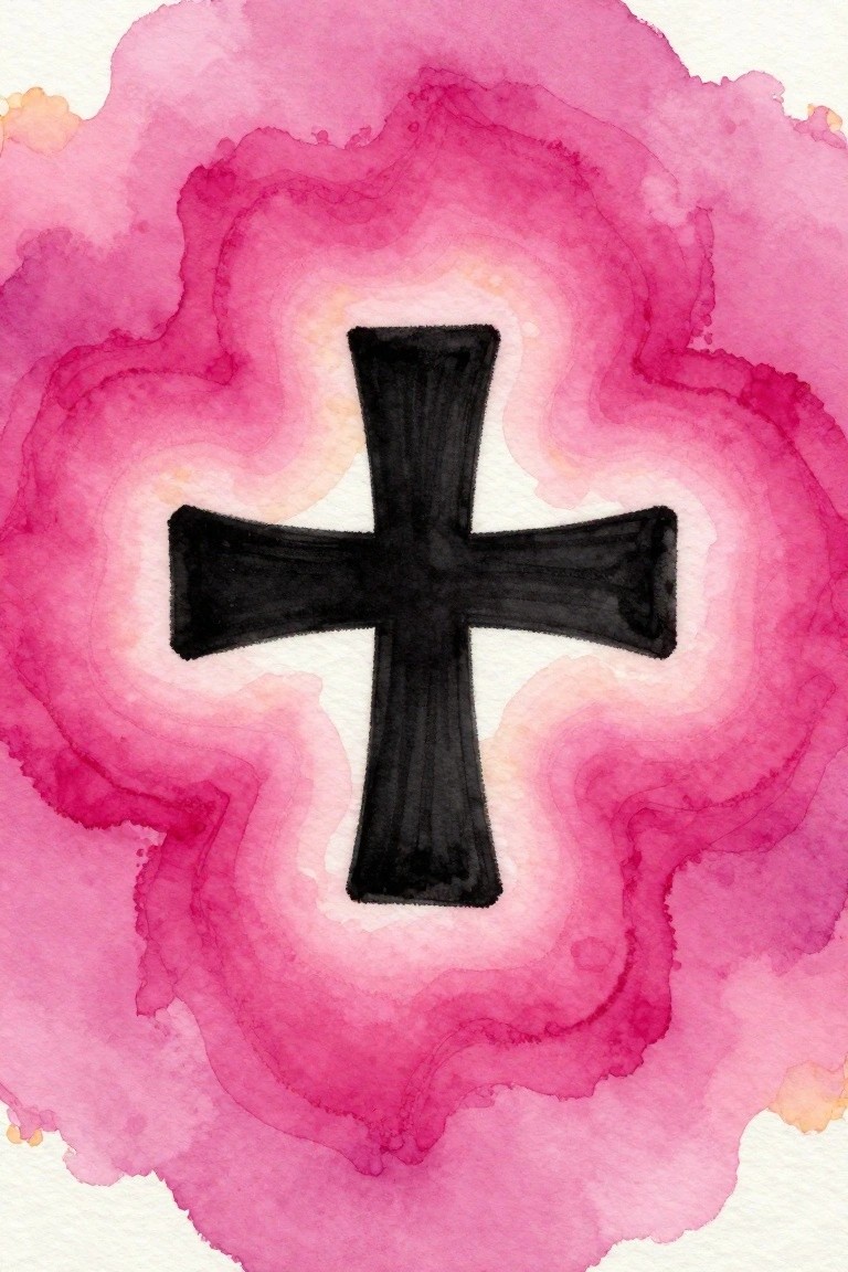 Black cross centered on pink magenta watercolor splashes with yellow edges