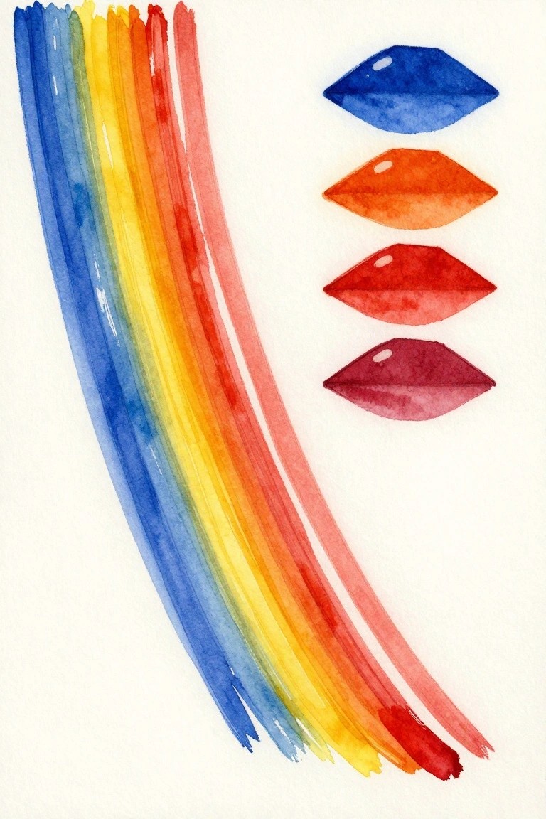 Watercolor rainbow stripes beside four blue, orange, red, maroon lip shapes