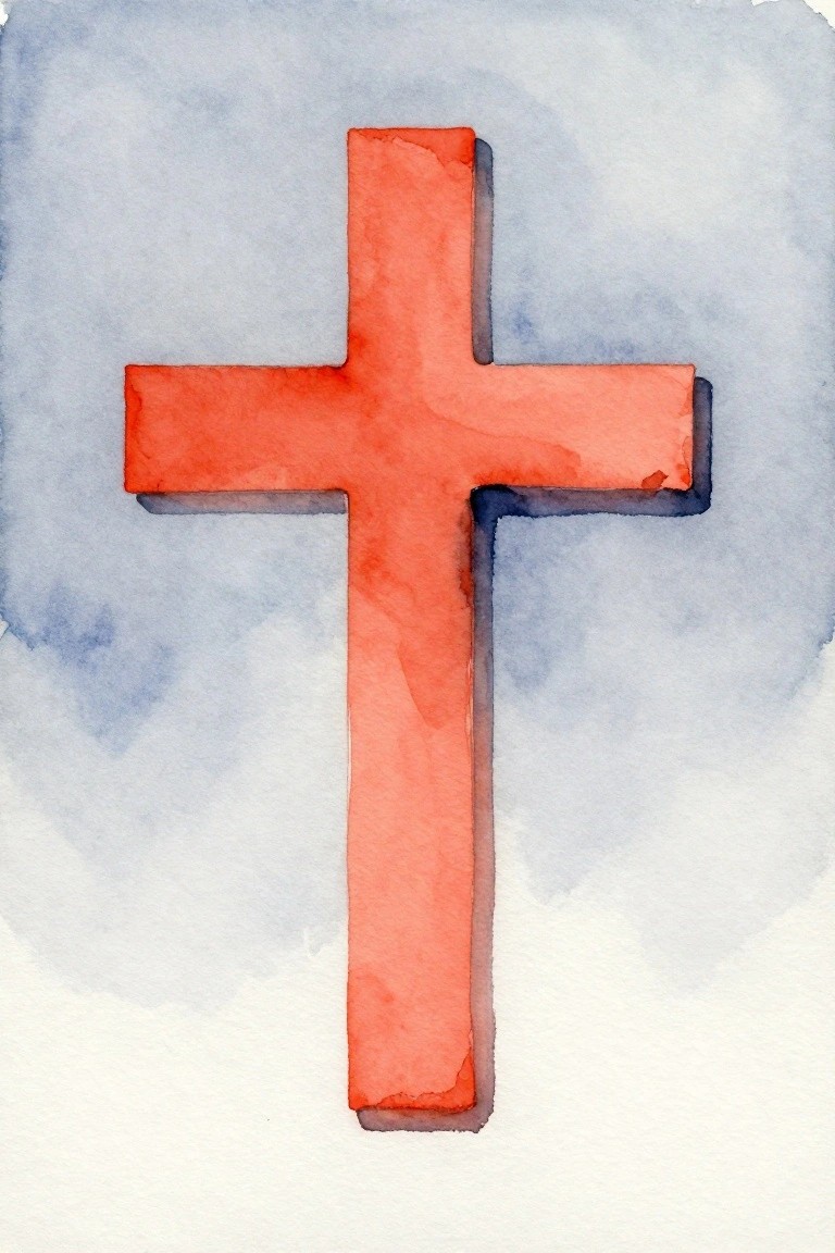 Watercolor red cross with blue shadow on soft pale blue background.