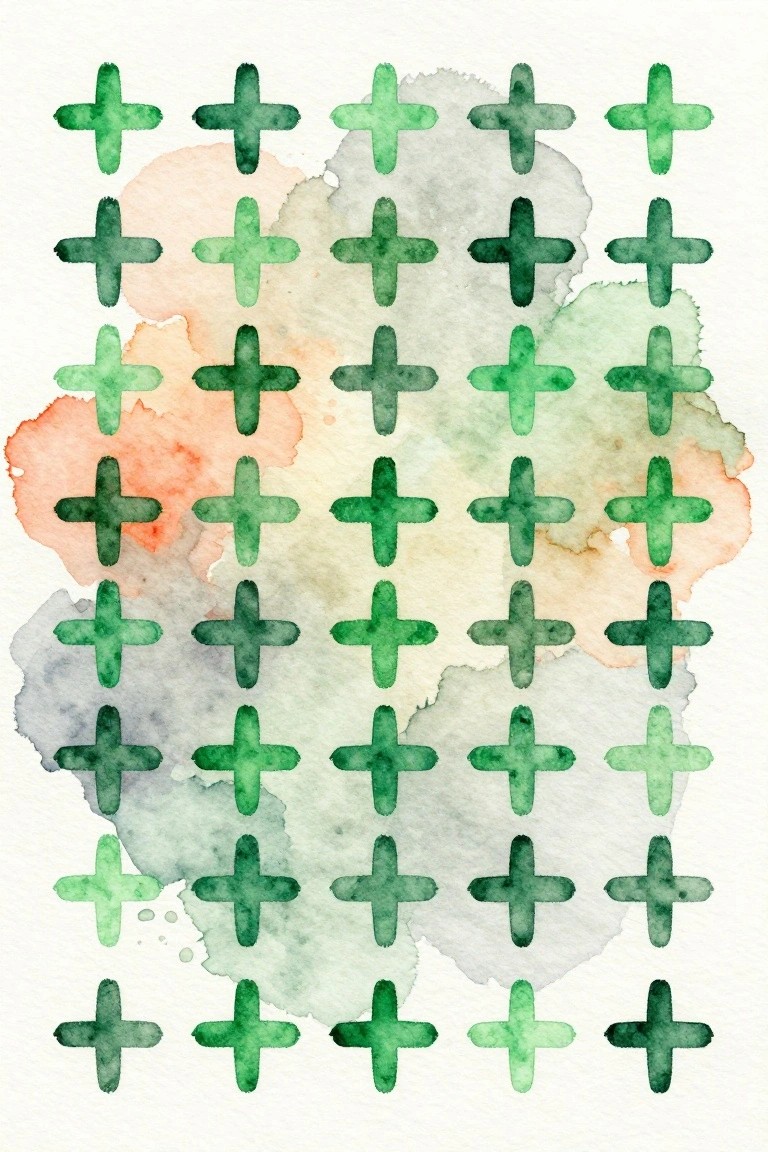 A grid of green watercolor crosses of varying shades arranged over soft orange and gray washes on white paper.